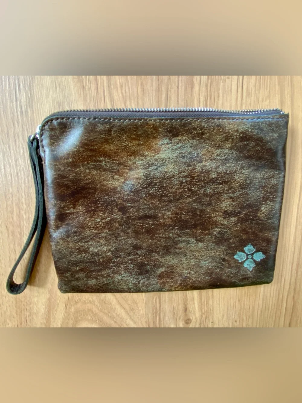 Turquoise and Brown Tooled Floral Leather Clutch